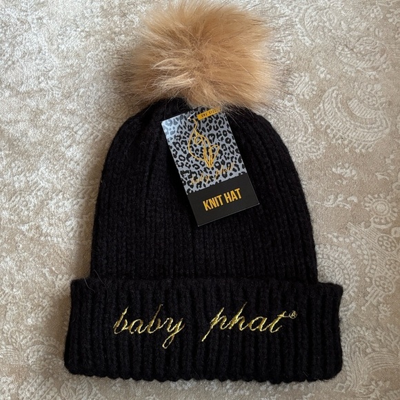 Brand New Baby Phat Black Knit Faux Fur Pom Hat Gold Metallic Embroidery Cuffed main image 12